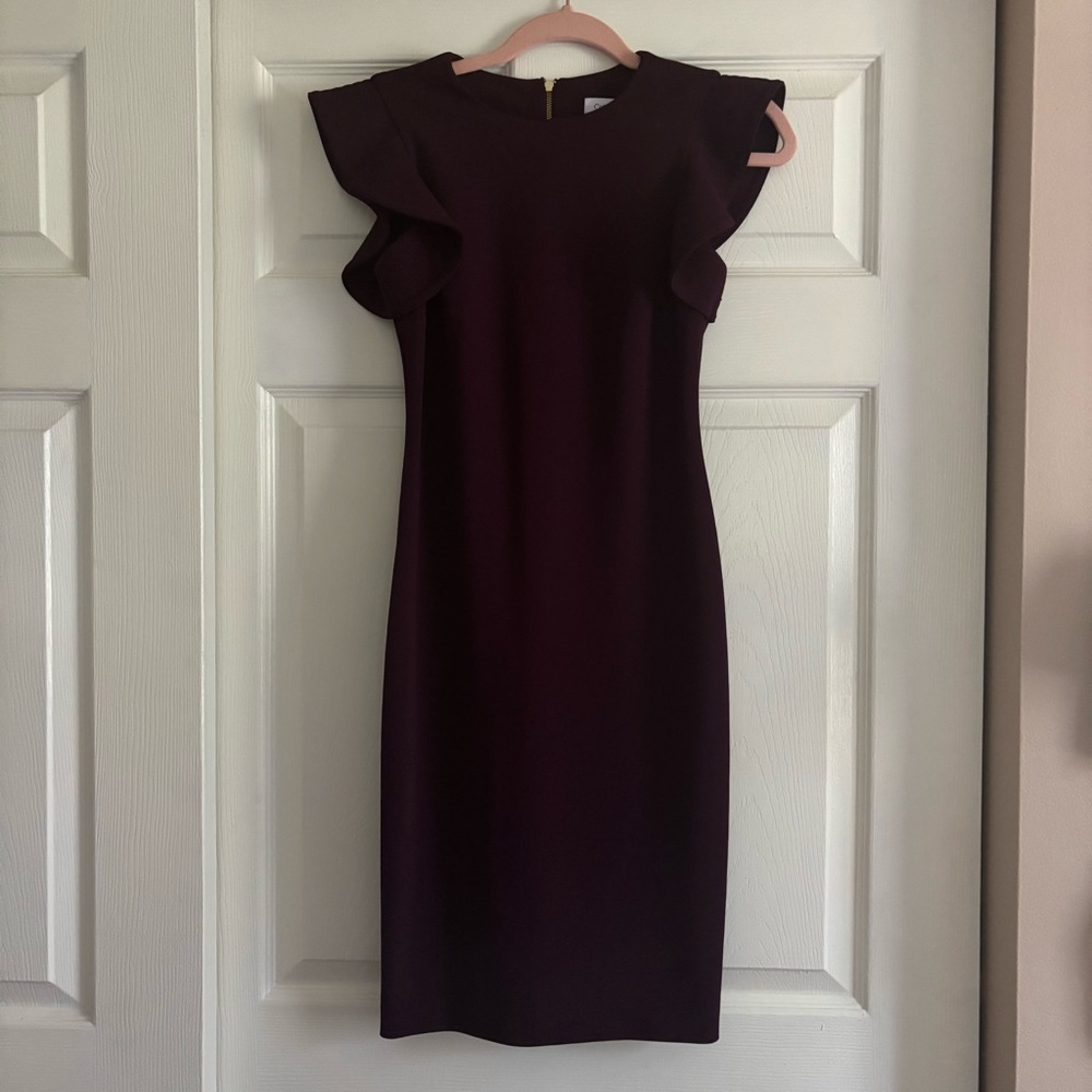 Calvin Klein Deep Purple Midi Dress with Ruffle Sleeves